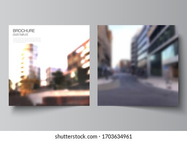 Vector layout of two square covers design templates for brochure, flyer, magazine, cover design, book design, brochure cover. Abstract halftone effect decoration with dots. Dotted pattern decoration.