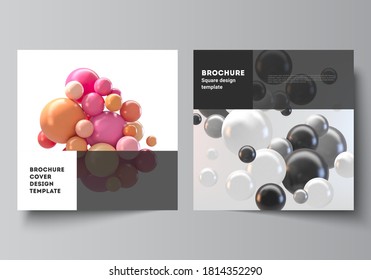 Vector layout of two square covers templates for brochure, flyer, cover design, book design, brochure cover. Abstract vector futuristic background with colorful 3d spheres, glossy bubbles, balls.