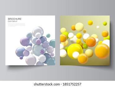 Vector layout of two square covers templates for brochure, flyer, cover design, book design, brochure cover. Abstract vector futuristic background with colorful 3d spheres, glossy bubbles, balls.