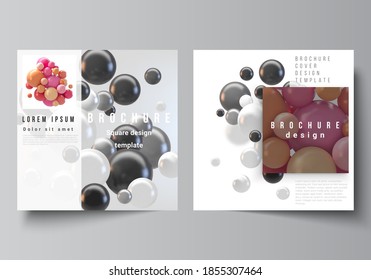 Vector layout of two square covers templates for brochure, flyer, cover design, book design, brochure cover. Abstract vector futuristic background with colorful 3d spheres, glossy bubbles, balls.