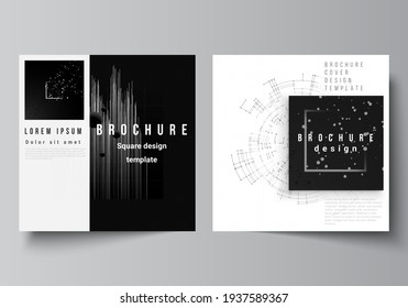 Vector layout of two square covers design templates for brochure, flyer, magazine, cover design, book design.Black color technology background. Digital visualization of science, medicine, tech concept