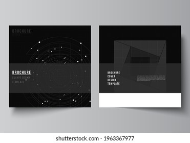 Vector layout of two square covers design templates for brochure, flyer, magazine, cover design, book design.Black color technology background. Digital visualization of science, medicine, tech concept