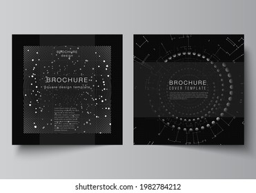 Vector layout of two square covers design templates for brochure, flyer, magazine, cover design, book design.Black color technology background. Digital visualization of science, medicine, tech concept