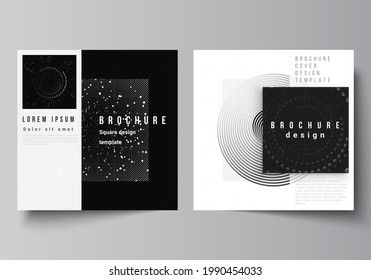 Vector layout of two square covers design templates for brochure, flyer, magazine, cover design, book design.Black color technology background. Digital visualization of science, medicine, tech concept