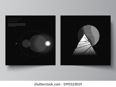 Vector layout of two square covers design templates for brochure, flyer, magazine, cover design, book design.Black color technology background. Digital visualization of science, medicine, tech concept