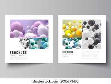 Vector layout of two square covers templates for brochure, flyer, cover design, book design, brochure cover. Abstract vector futuristic background with colorful 3d spheres, glossy bubbles, balls.
