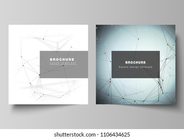 The vector layout of two square format covers design templates for brochure, flyer, magazine. Technology, science, medical concept. Molecule structure, connecting lines and dots. Futuristic background