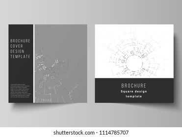 The vector layout of two square format covers design templates for brochure, flyer, magazine. Network connection concept with connecting lines and dots. Technology design, digital geometric background