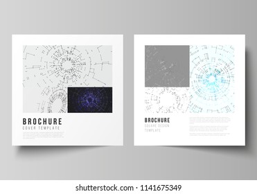 The vector layout of two square format covers design templates for brochure, flyer, magazine. Network connection concept with connecting lines and dots. Technology design, digital geometric background