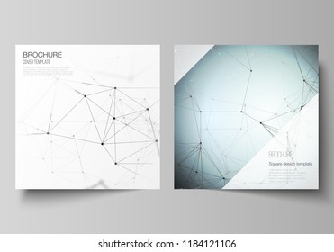 The vector layout of two square format covers design templates for brochure, flyer, magazine. Technology, science, medical concept. Molecule structure, connecting lines and dots. Futuristic background