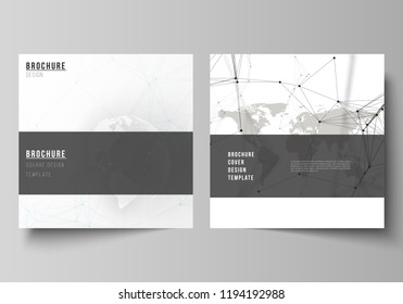 Vector layout of two square format covers design templates for brochure, flyer. Futuristic design with world globe, connecting lines and dots. Global network connections, technology digital concept.