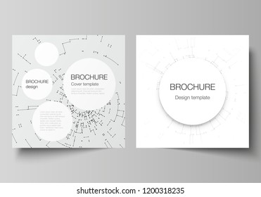 The vector layout of two square format covers design templates for brochure, flyer, magazine. Network connection concept with connecting lines and dots. Technology design, digital geometric background
