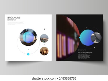 Vector layout of two square format covers design templates for brochure, flyer, magazine.Simple design futuristic concept. Creative background with circles and round shapes that form planets and stars