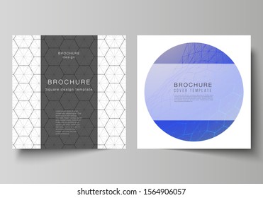 Vector layout of two square format covers design templates for brochure, flyer. Digital technology and big data concept with hexagons, connecting dots and lines, polygonal science medical background.