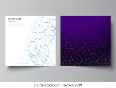 Vector layout of two square format covers design templates for brochure, flyer. Digital technology and big data concept with hexagons, connecting dots and lines, polygonal science medical background.