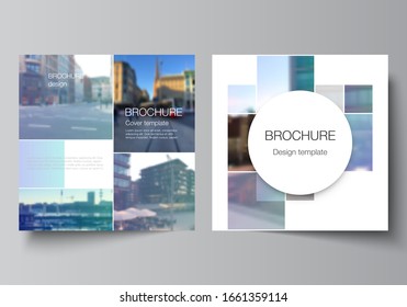 Vector layout of two square format covers templates for brochure, flyer, magazine, cover design, book design, brochure cover. Abstract design project in geometric style with blue squares.