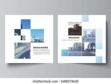 Vector layout of two square format covers templates for brochure, flyer, magazine, cover design, book design, brochure cover. Abstract design project in geometric style with blue squares.