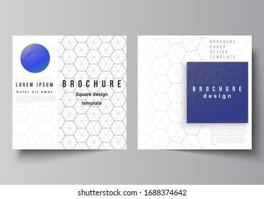 Vector layout of two square format covers design templates for brochure, flyer. Digital technology and big data concept with hexagons, connecting dots and lines, polygonal science medical background.