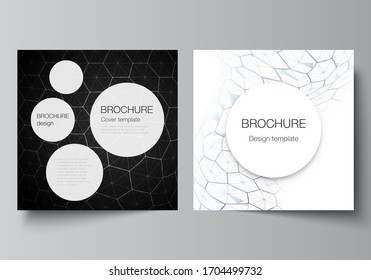 Vector layout of two square format covers design templates for brochure, flyer. Digital technology and big data concept with hexagons, connecting dots and lines, polygonal science medical background.