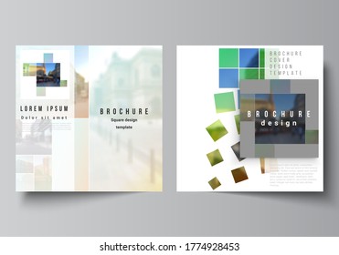 Vector layout of two square format covers design templates for brochure, flyer, magazine, cover design, book design, brochure cover. Abstract project with clipping mask green squares for your photo
