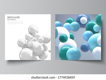 Vector layout of two square format covers templates for brochure, flyer, magazine, cover design, book design, brochure cover. Realistic vector background with multicolored 3d spheres, bubbles, balls