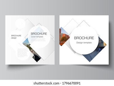 Vector layout of two square format covers design templates with geometric simple shapes, lines and photo place for brochure, flyer, magazine, cover design, book, brochure cover.