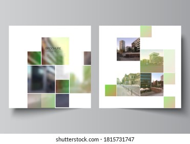 Vector layout of two square format covers design templates for brochure, flyer, magazine, cover design, book design, brochure cover. Abstract project with clipping mask green squares for your photo.
