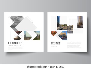 Vector layout of two square format covers design templates with geometric simple shapes, lines and photo place for brochure, flyer, magazine, cover design, book, brochure cover.