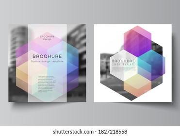 Vector layout of two square format covers design templates with colorful hexagons, geometric shapes, tech background for brochure, flyer, magazine, cover design, book design, brochure cover.