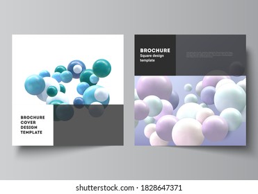 Vector layout of two square format covers templates for brochure, flyer, magazine, cover design, book design, brochure cover. Realistic vector background with multicolored 3d spheres, bubbles, balls.