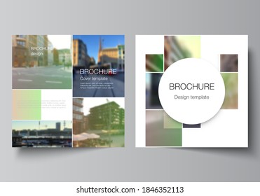 Vector layout of two square format covers design templates for brochure, flyer, magazine, cover design, book design, brochure cover. Abstract project with clipping mask green squares for your photo.