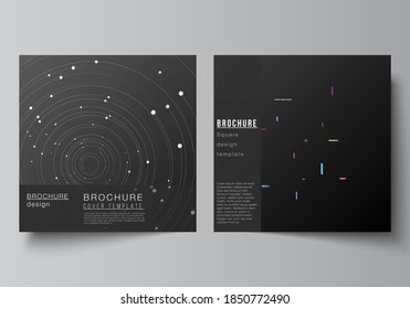 Vector layout of two square format covers design templates for brochure, flyer, magazine, cover design, book design, brochure cover. Tech science future background, space astronomy concept.