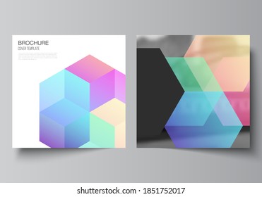 Vector layout of two square format covers design templates with abstract shapes and colors for brochure, flyer, magazine, cover design, book design, brochure cover.