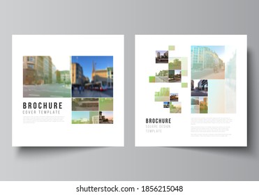 Vector layout of two square format covers design templates for brochure, flyer, magazine, cover design, book design, brochure cover. Abstract project with clipping mask green squares for your photo.