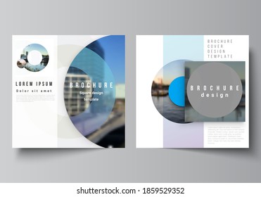 Vector layout of two square format covers templates for brochure, flyer, magazine, cover design, book design, brochure cover. Background template with rounds, circles for IT, technology. Minimal style