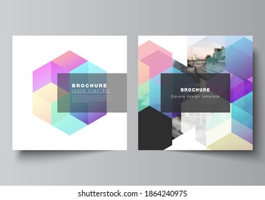 Vector layout of two square format covers design templates with colorful hexagons, geometric shapes, tech background for brochure, flyer, magazine, cover design, book design, brochure cover.