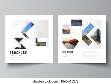 Vector layout of two square format covers design templates with geometric simple shapes, lines and photo place for brochure, flyer, magazine, cover design, book, brochure cover.