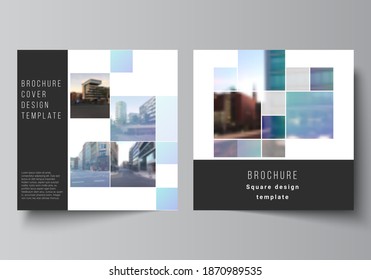 Vector layout of two square format covers templates for brochure, flyer, magazine, cover design, book design, brochure cover. Abstract design project in geometric style with blue squares.