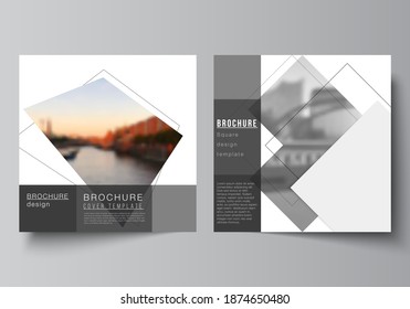 Vector layout of two square format covers design templates with geometric simple shapes, lines and photo place for brochure, flyer, magazine, cover design, book, brochure cover.