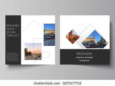 Vector layout of two square format covers design templates with geometric simple shapes, lines and photo place for brochure, flyer, magazine, cover design, book, brochure cover.