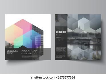 Vector layout of two square format covers design templates with colorful hexagons, geometric shapes, tech background for brochure, flyer, magazine, cover design, book design, brochure cover.