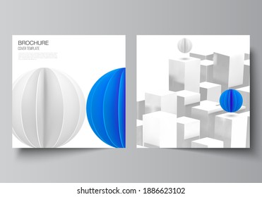 Vector layout of two square format covers templates for brochure, flyer, cover design, book design, brochure cover. 3d render vector composition with dynamic realistic geometric blue shapes in motion.