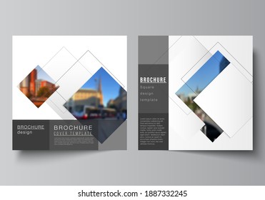 Vector layout of two square format covers design templates with geometric simple shapes, lines and photo place for brochure, flyer, magazine, cover design, book, brochure cover.