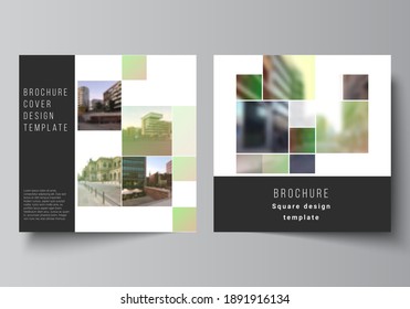 Vector layout of two square format covers design templates for brochure, flyer, magazine, cover design, book design, brochure cover. Abstract project with clipping mask green squares for your photo.