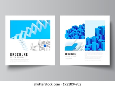 Vector layout of two square format covers templates for brochure, flyer, cover design, book design, brochure cover. 3d render vector composition with dynamic realistic geometric blue shapes in motion.