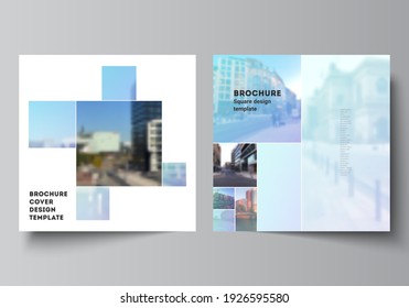 Vector layout of two square format covers templates for brochure, flyer, magazine, cover design, book design, brochure cover. Abstract design project in geometric style with blue squares.