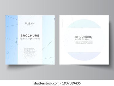 Vector layout of two square format covers templates for brochure, flyer, magazine, cover design, book design, brochure cover. Blue medical background with connecting lines and dots, plexus.