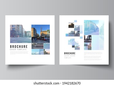 Vector layout of two square format covers templates for brochure, flyer, magazine, cover design, book design, brochure cover. Abstract design project in geometric style with blue squares.