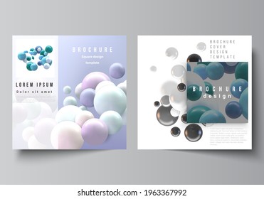 Vector layout of two square format covers templates for brochure, flyer, magazine, cover design, book design, brochure cover. Realistic vector background with multicolored 3d spheres, bubbles, balls.