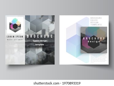 Vector layout of two square format covers design templates with abstract shapes and colors for brochure, flyer, magazine, cover design, book design, brochure cover.